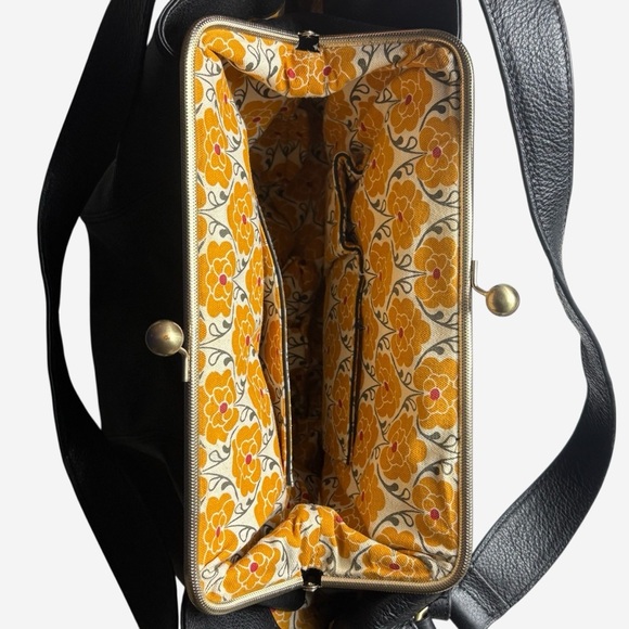 EMMA FOX Dressage Frame Kiss-Lock Black Leather Satchel Vibrant Cotton Interior - Picture 10 of 16